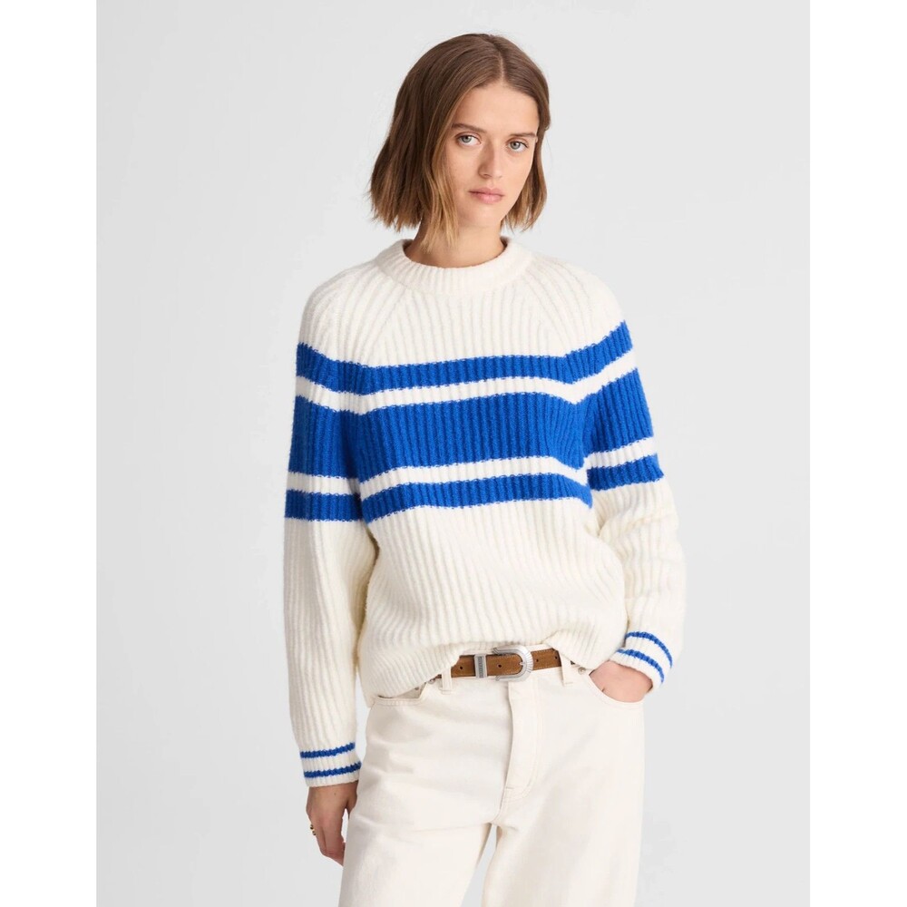 Madewell Sweater Womens Large Ivory Blue Stripe Raglan-Sleeve NY718 Relaxed NWT